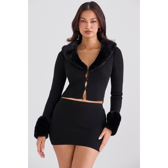 NEW House of CB Blanche Faux Fur Trim Cardigan Black Small - Picture 7 of 17